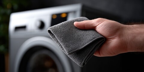 Close up of a Man Holding a Freshly Washed Gray Towel with a Modern Washing Machine in the Background.