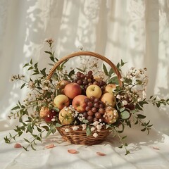 A warm and inviting fruit arrangement, adorned with delicate wildflowers in pastel hues, set against a soft, creamy background infused with the gentle warmth of daylight filtering through.