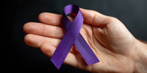 A Symbol of Solidarity and Hope, Close up of a Hand Holding a Purple Awareness Ribbon