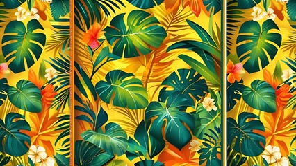 Jungle leaves and foliage are arranged as decorative side borders for the banner, featuring bright colors in shades of yellow, orange, and green with golden highlights.