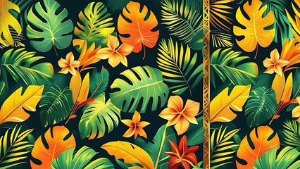 Jungle leaves and foliage are arranged as decorative side borders for the banner, featuring bright colors in shades of yellow, orange, and green with golden highlights.