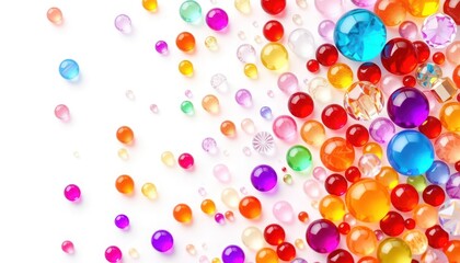 Vibrant assortment of colorful spheres and orbs scattered on a pristine white backdrop