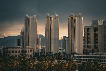 Obraz premium Modern Skyscrapers Against a Dramatic Sunset in Las Vegas, Nevada