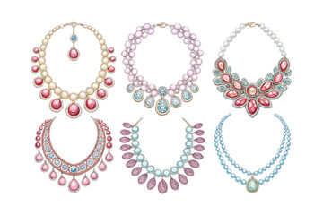 set of watercolor Pearl Necklace vector illustration isolated on white background