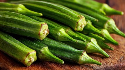 Fresh Green Okra on Wooden Board