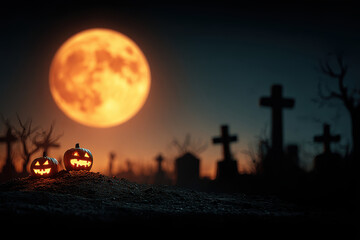 Spooky Halloween graveyard scene featuring a haunting full moon in the night sky.