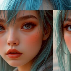 A captivating illustration of a young woman with striking blue hair and ethereal beauty
