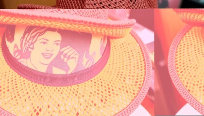 A uniquely designed hat with a retro illustration of a smiling woman revealed