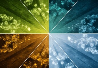 Abstract image divided into four quadrants with different color schemes, featuring a leaf-like pattern and cloud-like textures.