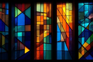 Colorful stained glass window with geometric shapes and vibrant light