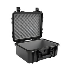 Open black protective equipment case with foam interior isolated on transparent background