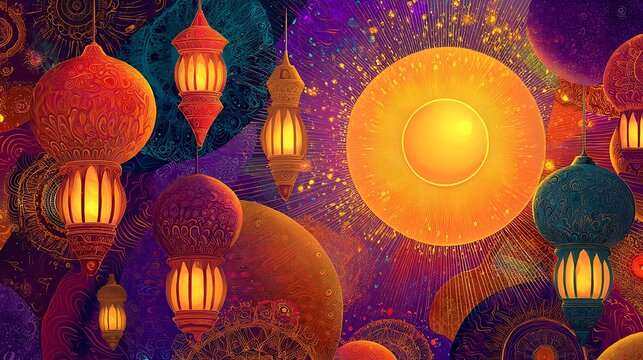 Ornate lanterns and sunbursts create a festive, colorful, and vibrant background