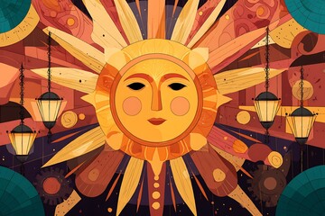 Stylized sun face with lanterns and celestial elements in warm tones