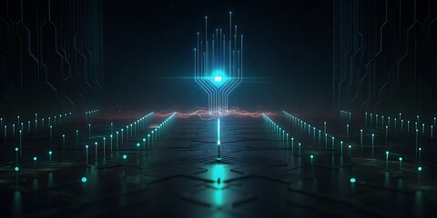 A futuristic digital corridor with glowing blue lights leads to a bright abstract technological core.