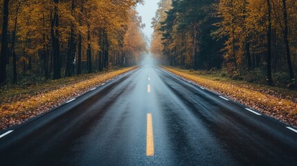 Autumn road through misty forest
