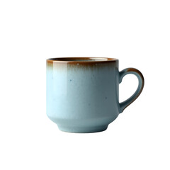 Light blue ceramic coffee mug with brown rim isolated on transparent background