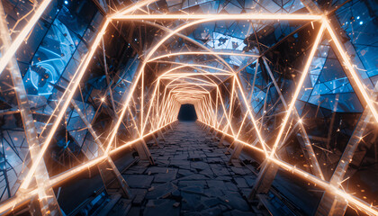 Illuminated tunnel with geometric structure, glowing light lines and shattered glass walls