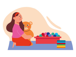Fototapeta premium Little girl playing dolls and mini bouncy ball in the house. Kids playground vector illustration. Flat illustration concept.