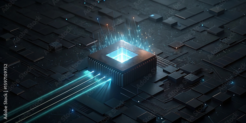 Poster a glowing blue cpu processor chip on a dark circuit board with light streams.