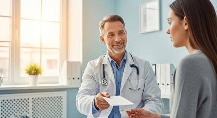 A doctor and patient in a medical office. The doctor is wearing a white coat and stethoscope, and the patient is dressed in a gray sweater.