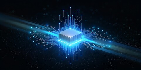 Obraz premium Futuristic glowing blue cpu processor with intricate circuits and data streams in a dark environment.