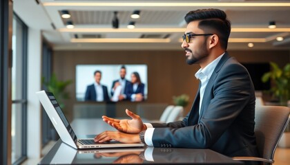 Businessman in a meeting with colleagues working in a modern office setting