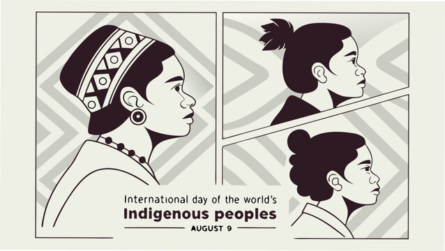 a clean, minimal vector design featuring diverse indigenous faces and traditional patterns, ideal for august 9 campaigns on cultural appreciation and identity.