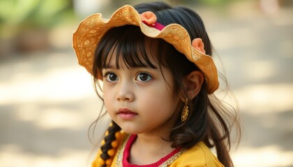 Charming portrait of a young girl in a traditional outfit with an adorned headwear