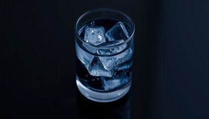 Chilled beverage presentation featuring ice cubes in a glass on a dark surface