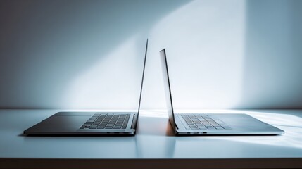 Dual Laptops Facing Each Other: A Minimalist Tech Image