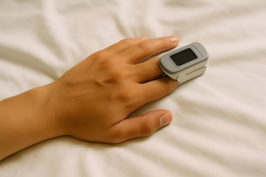 Close up of a person s hand with a pulse oximeter attached to their finger resting on a white textured surface indicating health monitoring and medical care