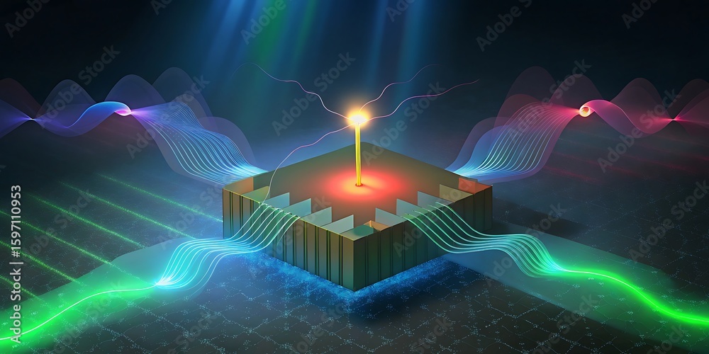 Poster a central glowing processor receives and emits vibrant streams of light and data, symbolizing advanc