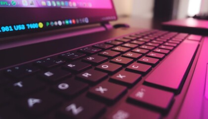 Close-up Shot of a Laptop Keyboard with a Glowing Pink and Blue Display
