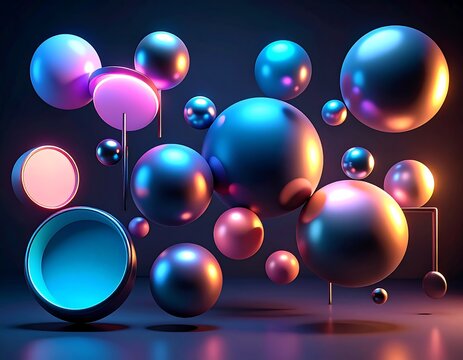 Abstract 3D spheres and shapes in vibrant neon light - Powered by Adobe