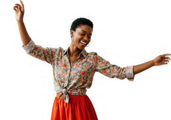 Woman with floral shirt and red skirt smiling with arms raised on transparent background