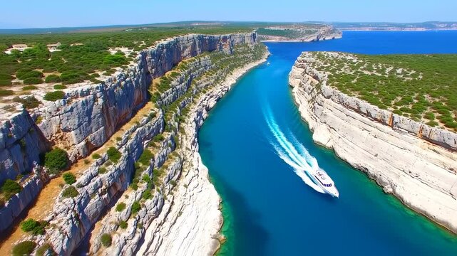 Boat Cruising Through Stunning Cliffs: Aerial View of Telascica Nature Park, Croatia