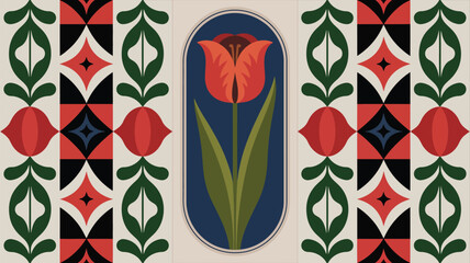 Retro Floral Design with Tulip and Geometric Patterns in Red, Green, Black, and Blue, Evoking Mid-Century Modern Style with Symmetry and Clean Lines