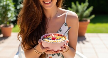 A woman holding a bowl of colorful fruit smoothie with a spoon.