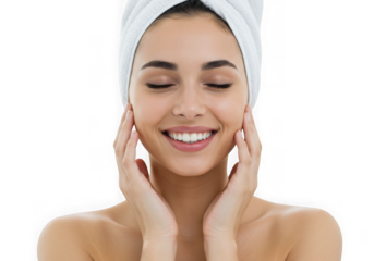 Smiling woman with towel on head touching her face gently on transparent background