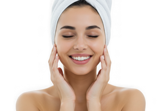 Smiling woman with towel on head touching her face gently on transparent background - Powered by Adobe