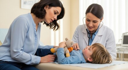 A mother and daughter at a doctor's office, with the mother holding a teddy bear and the daughter lying on a medical table.