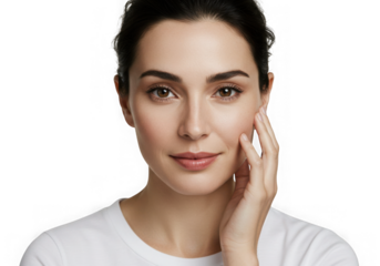 Portrait of a woman with hand on face against dark backdrop on transparent background