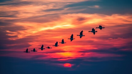 Geese flying in formation at sunset