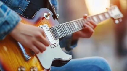 Closeup of person playing guitar outdoors
