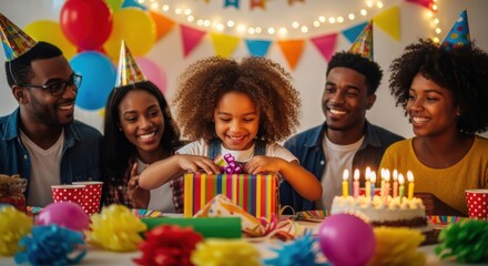 A family celebrating a birthday with colorful decorations, balloons, and a birthday cake.