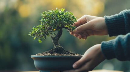 Hands tending a bonsai