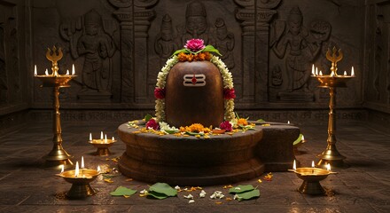 Ancient Shiva Lingam in temple with Floral Offerings, made by Ai