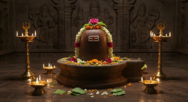 Ancient Shiva Lingam in temple with Floral Offerings, made by Ai