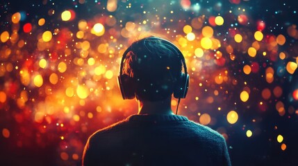Person listening to music in a vibrant, bokeh-filled space