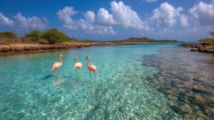 Three pink flamingos wading in crystal-clear turquoise water under a sky of puffy clouds